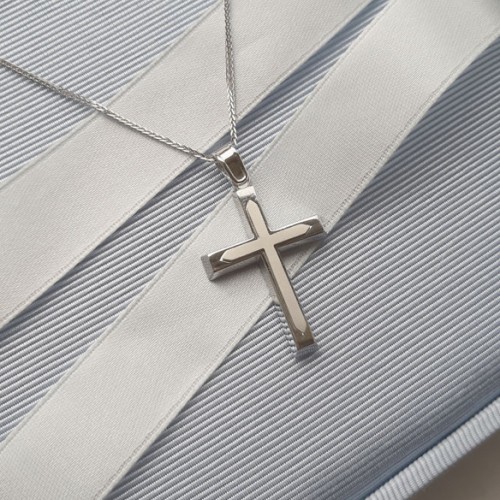 Λευκόχρυσος μασίφ βαπτιστικός σταυρός Κ14 με αλυσίδα