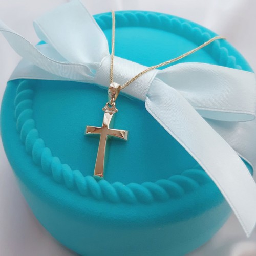 Χρυσός μασίφ σταυρός Κ14 με αλυσίδα