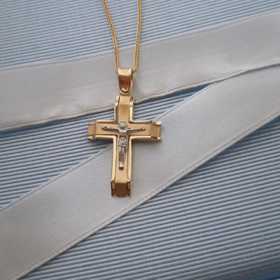 Χρυσός μασίφ σταυρός Κ14 με αλυσίδα