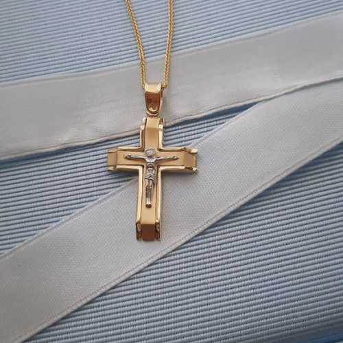 Χρυσός μασίφ σταυρός Κ14 με αλυσίδα
