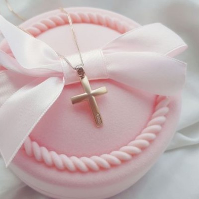 Ροζ χρυσός βαπτιστικός σταυρός Κ14 με αλυσίδα