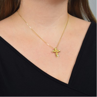 Χρυσός χειροποίητος σταυρός Κ14 με αλυσίδα