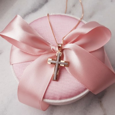 Μασίφ σταυρός από ροζ χρυσό Κ14 με αλυσίδα