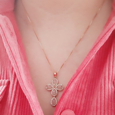 Ροζ χρυσός σταυρός Κ14 με αλυσίδα