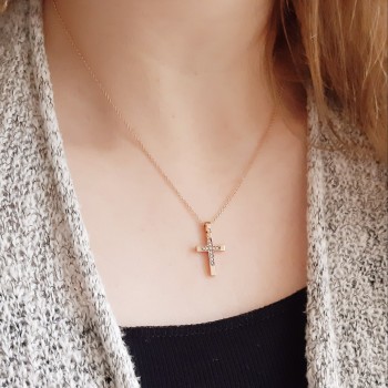Σταυρός από ροζ χρυσό Κ14 με αλυσίδα