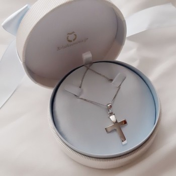 Λευκόχρυσος μασίφ βαπτιστικός σταυρός Κ14 με αλυσίδα