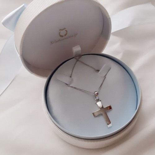 Λευκόχρυσος μασίφ βαπτιστικός σταυρός Κ14 με αλυσίδα