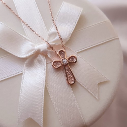 Μασίφ γυναικείος βαπτιστικός ροζ χρυσός σταυρός Κ14 με αλυσίδα