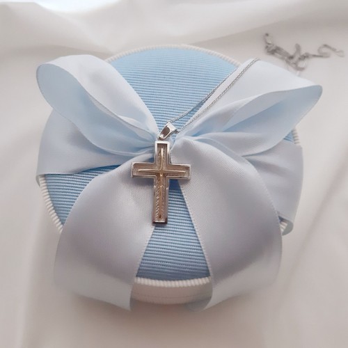 Λευκόχρυσος μασίφ βαπτιστικός σταυρός Κ14 με αλυσίδα