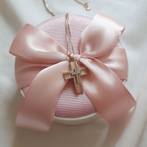 Ροζ χρυσός γυναικείος βαπτιστικός σταυρός Κ14 με αλυσίδα