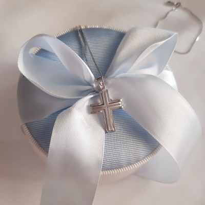 Λευκόχρυσος μασίφ βαπτιστικός σταυρός Κ14 με αλυσίδα