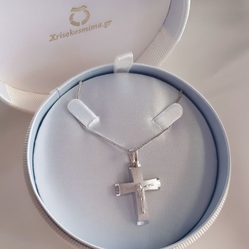 Ανδρικός βαπτιστικός λευκόχρυσος σταυρός Κ14 με αλυσίδα