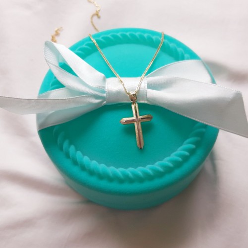 Δίχρωμος χρυσός βαπτιστικός σταυρός Κ14 με αλυσίδα