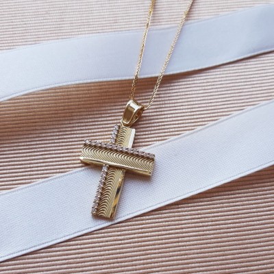 Χρυσός μασίφ σταυρός Κ14 με αλυσίδα