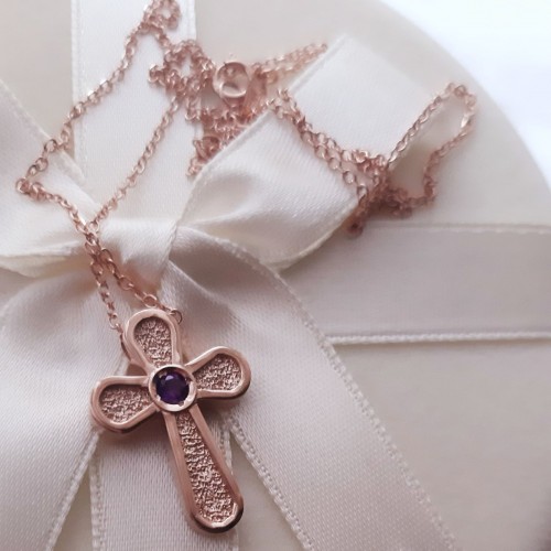 Μασίφ γυναικείος ροζ χρυσός σταυρός Κ14 με αλυσίδα