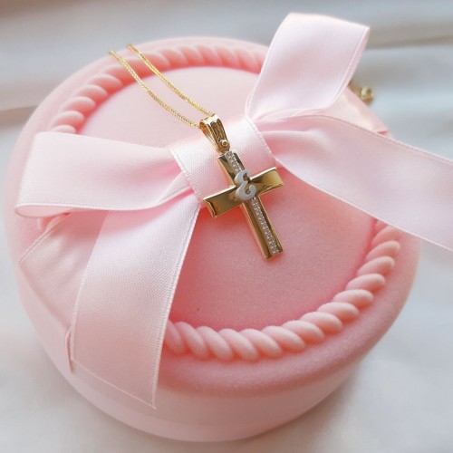 Χρυσός σταυρός Κ14 με μονόγραμμα με αλυσίδα