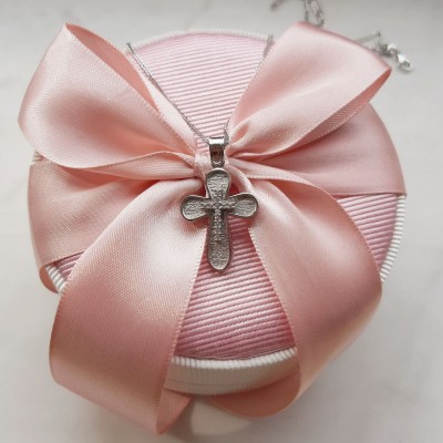 Λευκόχρυσος μασίφ βαπτιστικός σταυρός Κ14 με αλυσίδα