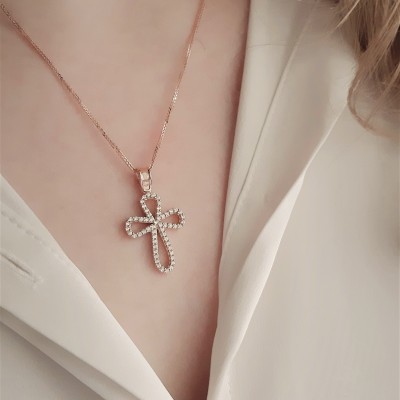 Ροζ χρυσός μασίφ σταυρός Κ14 με αλυσίδα