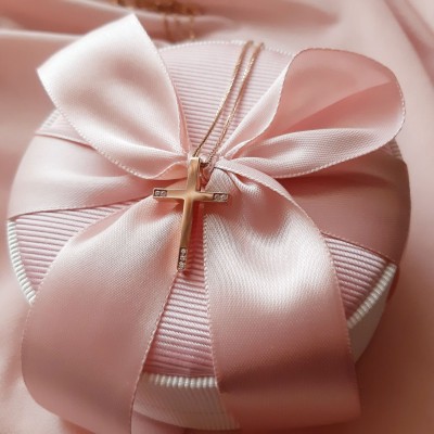 Ροζ χρυσός μασίφ σταυρός Κ14 με αλυσίδα