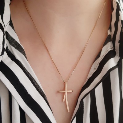 Χειροποίητος ροζ χρυσός σταυρός Κ14 με αλυσίδα