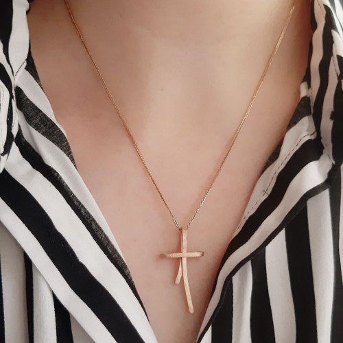 Χειροποίητος ροζ χρυσός σταυρός Κ14 με αλυσίδα