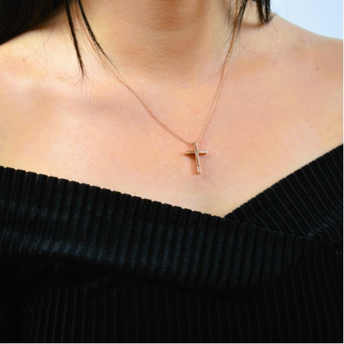 Ροζ χρυσός μασίφ σταυρός Κ14 με αλυσίδα