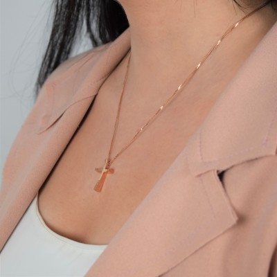 Ροζ χρυσός μασίφ σταυρός βάπτισης αρραβώνα Κ14 με αλυσίδα