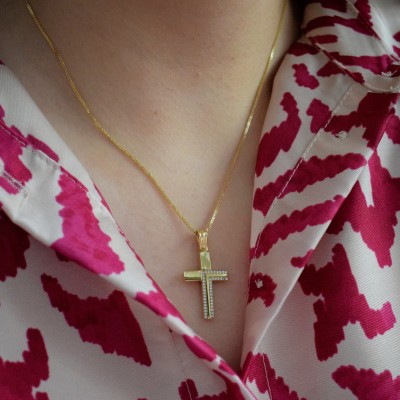 Xρυσός σταυρός διπλής όψης Κ14 με αλυσίδα