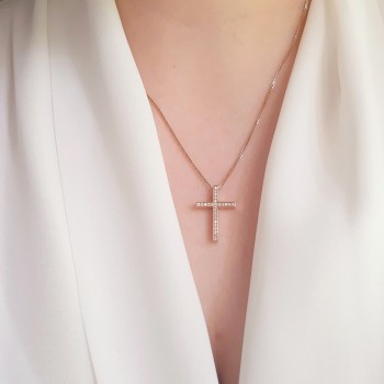 Ροζ χρυσός μασίφ σταυρός βάπτισης αρραβώνα Κ14 με αλυσίδα