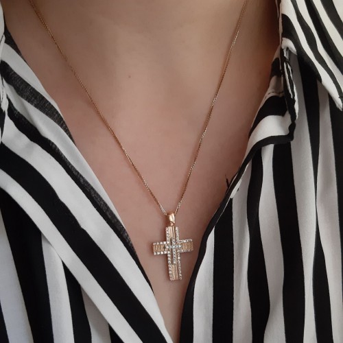 Ροζ χρυσός γυναικείος βαπτιστικός σταυρός Κ14 με αλυσίδα