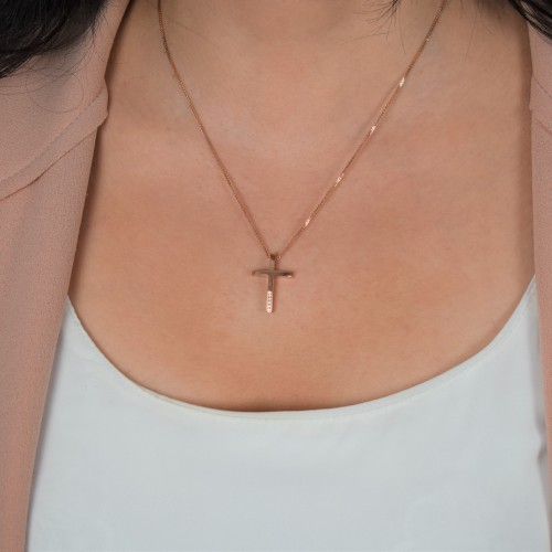 Ροζ χρυσός μασίφ σταυρός βάπτισης αρραβώνα Κ14 με αλυσίδα