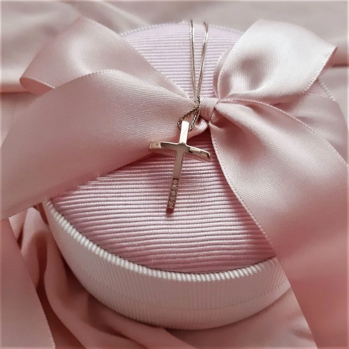 Ροζ χρυσός μασίφ σταυρός βάπτισης αρραβώνα Κ14 με αλυσίδα