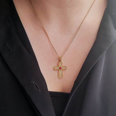 Χρυσός Βυζαντινός σταυρός Κ14 με αλυσίδα