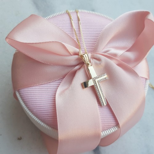 Xρυσός σταυρός διπλής όψης Κ14 με αλυσίδα