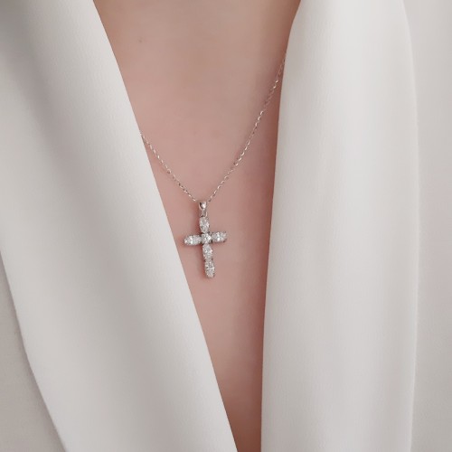 Λευκόχρυσος γυναικείος σταυρός Κ14 με αλυσίδα