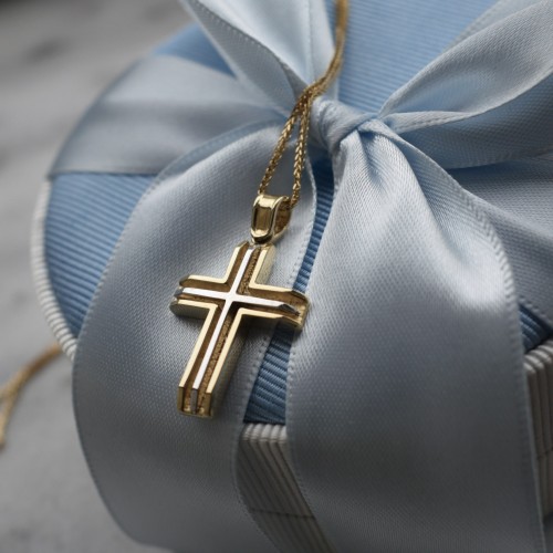 Χρυσός δίχρωμος μασίφ σταυρός Κ14 με αλυσίδα