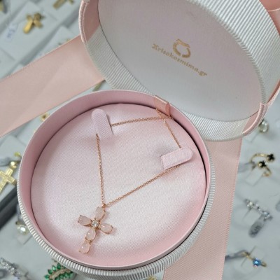 Ροζ χρυσός σταυρός Κ14 με χαλαζία και αλυσίδα