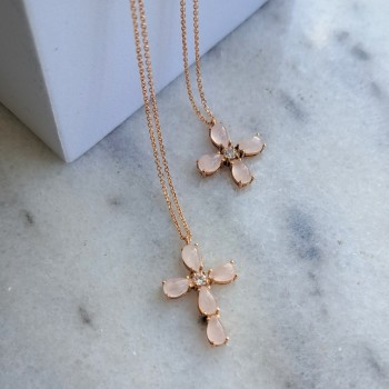 Ροζ χρυσός σταυρός Κ14 με χαλαζία και αλυσίδα