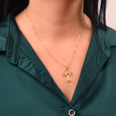 Χρυσός γυναικείος Βυζαντινός σταυρός Κ14 με αλυσίδα