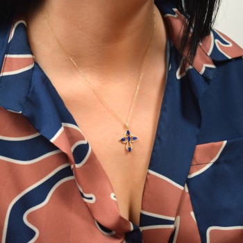 Χρυσός γυναικείος σταυρός Κ14 με μπλε ζιργκόν και αλυσίδα