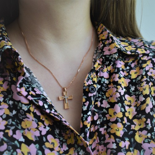 Μασίφ βαπτιστικός σταυρός από ροζ χρυσό Κ14 με αλυσίδα