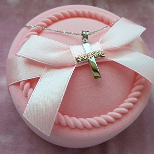 Λευκόχρυσος βαπτιστικός σταυρός Κ14 με αλυσίδα