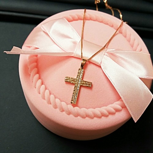 Σταυρός από ροζ χρυσό Κ14 με αλυσίδα