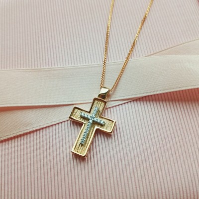 Μασίφ βαπτιστικός σταυρός από ροζ χρυσό Κ14 με αλυσίδα