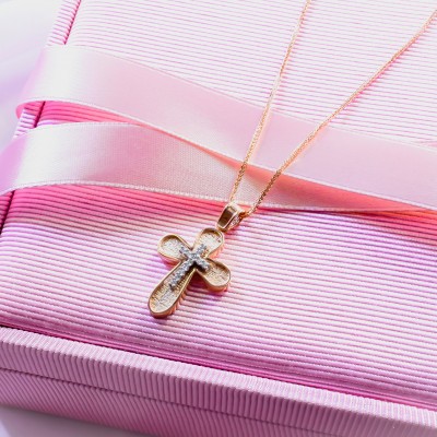 Μασίφ βαπτιστικός σταυρός από ροζ χρυσό Κ14 με αλυσίδα