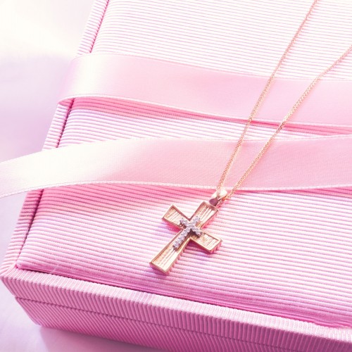 Μασίφ βαπτιστικός σταυρός από ροζ χρυσό Κ14 με αλυσίδα