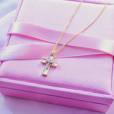 Χρυσός μασίφ βαπτιστικός σταυρός Κ14 με αλυσίδα