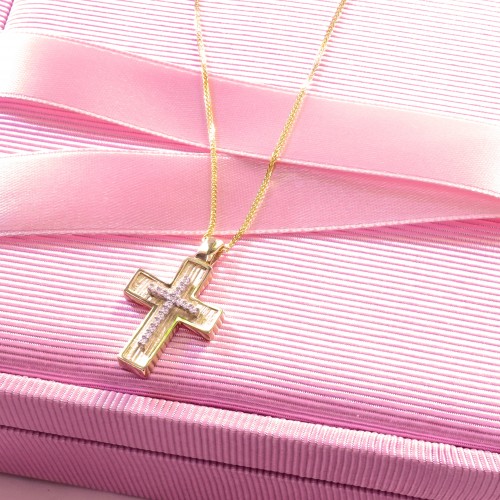 Χρυσός μασίφ βαπτιστικός σταυρός Κ14 με αλυσίδα