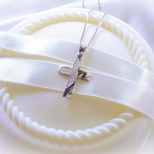 Λευκόχρυσος βαπτιστικός σταυρός Κ14 με αλυσίδα