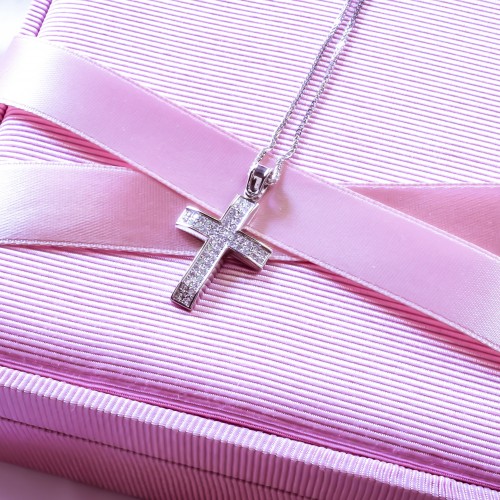 Λευκόχρυσος μασίφ βαπτιστικός σταυρός Κ14 με αλυσίδα